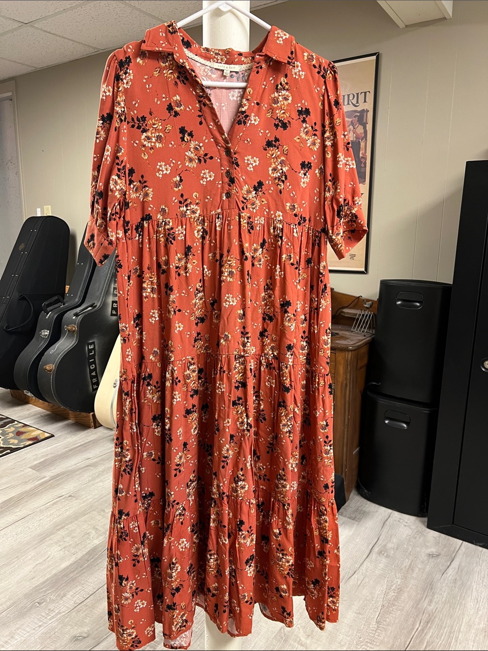 Kate & Sam Rust Floral Button-Front Tiered Maxi Dress small